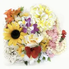 フラダンス用花のヘアアクセサリー、ブレスレット、レイ　10点セット