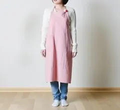 シンプル カフェエプロン ピンク エプロン レディース リネン 前掛け 保育士