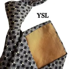 YSL イヴ・サンローラン　グレー　黒　白　チェック柄幾何学模様 シルクネクタイ