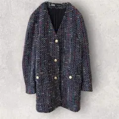 ZARA　ザラ　ミックスツイードジャケット　ノーカラー　金ボタン　М