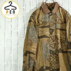 【レトロ古着】総柄シャツ 襟切り替えデザイン 幾何学模様 L【送料無料】