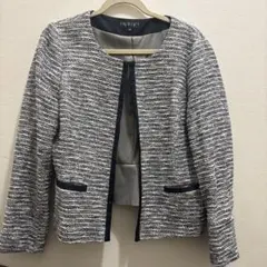 ☆最終お値下げ☆INDIVI ノーカラー　ツイード　ジャケット 44 ネイビー系