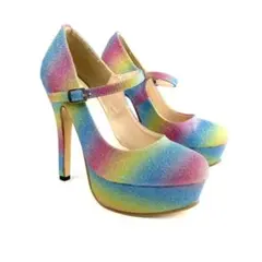 13cmヒール美脚メイクストラップパンプス グリッターレインボー 22cm