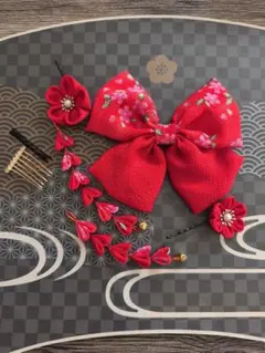 r9 m華やかなリボンの髪飾りセット 赤 7歳さん 七五三などに