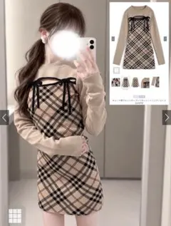 GRL チェック柄フロントオープンリボンニットミニワンピース
