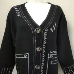 だまし絵ニット　カジュアル黒カーディガン　М〜Ｌ