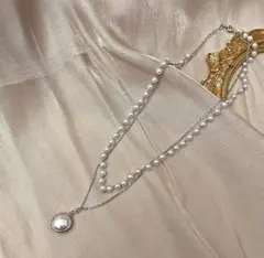 パールペンダント付き二重チェーンネックレス チョーカー シルバー