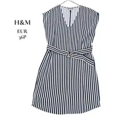 H&M ストライプ ベルト付きワンピース ネイビー EUR36P 美品