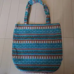 ハンドメイド ターコイズブルーとブラウンのトートバッグ