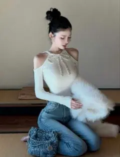 【ラスト1点】ダーリッチ Darich リボンビジューアメスリニットトップス