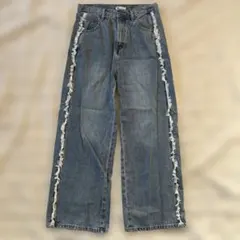 フリンジ付きダークブルーデニムパンツ