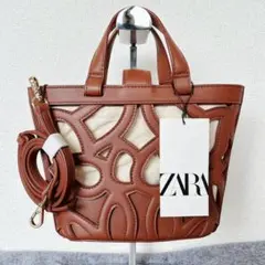 新品タグ付き ZARA ザラ ブラウン カットワーク ミニトートバッグ