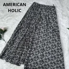 美品 アメリカンホリック 小花柄 プリーツスカート 黒 F ロングスカート