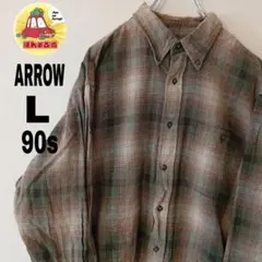 90sUSA古着 ARROW ネルシャツ　L グリーンベージュ　オンブレチェックのサムネイル