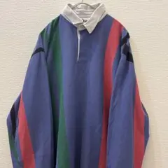 【Iban】ポロシャツ　ストライプシャツ　古着　長袖　L 紫色　マルチカラー