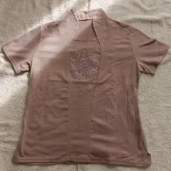 レディース ミセス ストーン付きハート刺繍ベージュ半袖カットソー