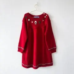ファミリア / ニット ワンピース 100cm 赤 刺繍 肩ボタン お出かけ
