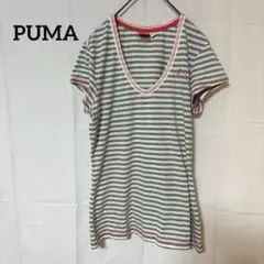 ♦︎Puma VネックTシャツ M グレー/ストライプ