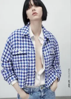 ZARA 千鳥格子柄 ツイードジャケット ビジューボタン