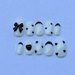 ㉛【サイズ変更¥0】ホワイトネイル モノクロネイル リボンハートネイル