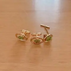 ゴールド グリーンストーン チェーン付きカフリンクス ネクタイピン