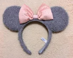 ミニー カチューシャ グレー×ピンクリボン付き モコモコ ふわふわ ディズニー