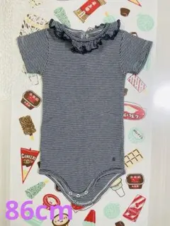【美品】プチバトー ボーダー半袖24M/86cm フリル襟Petitbateau