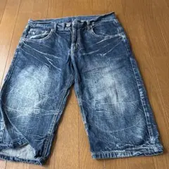 デニムショートパンツ ダークブルー ウォッシュ加工