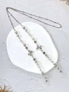 メガネチェーン　オーロラ　バタフライ　淡水パール　シルバー　フラワー