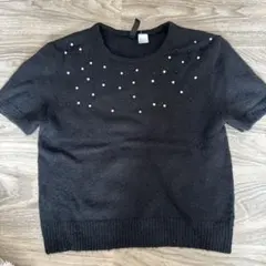 ビジュー付き 半袖ニット ブラック S H&M