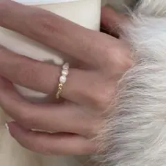 淡水パールミックスリング ゴールド 華奢 上品 フリーサイズ