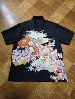 め0639着物リメイク正絹黒留袖江戸褄豊臣系五三桐百花菊アロハシャツ