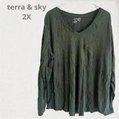 terra & sky ダークグリーン Vネック Tシャツ 2X