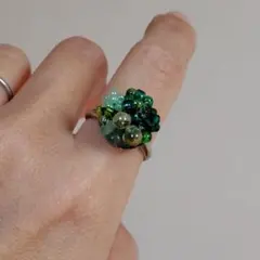 天然石グリーンアベンチュリンと緑のビーズのフリーサイズリング