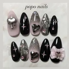 ネイルチップ　y2k 量産型　地雷系　サブカル　韓国　ミラー　リボン　黒