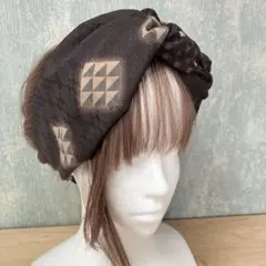 和風編み込みターバン　着物リメイク　クロスターバン　ヘアバンド　ブラウン