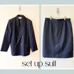 スーツ セットアップ ジャケット スカート ネイビー ストライプ ダブル 日本製