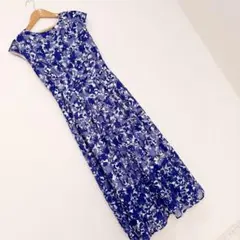 青系花柄ノースリーブロングワンピース　訳あり　上品　涼しげ
