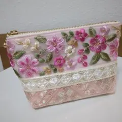 インド刺繍リボン　マチ付きポーチ