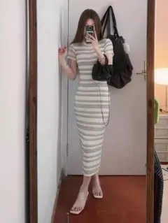 韓国風✭春セクシータイトニットワンピ★ロング丈コントラストストライプ女子会必須