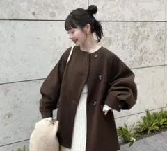 hinari ウェーブデザインミドルコート　ブラウン