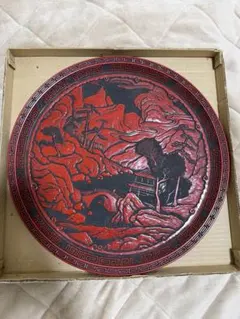 M*E様 赤黒風景彫刻漆器プレート おまけ付き