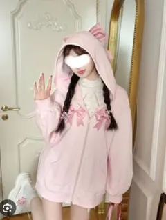 【レア】ピンク ねこみみ でかリボン オーバーサイズ ジップアップ パーカー