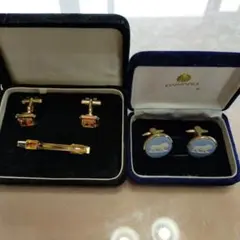 銀製カフスボタン　タイピン3点とウェッジウッドカフスボタンのセットです。