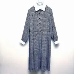 清楚なビンテージレトロ感あり幾何学模様の長袖ワンピースMダークネイビー/白