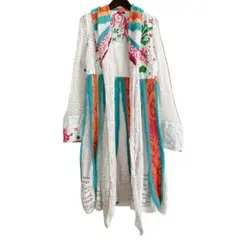 IVKO 豪華刺繍 リネン 異素材切替 レース ロング丈 ニットカーディガン