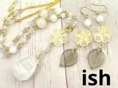 【A124】ishムーンストーン・本水晶・フラワービーズネックレス＆ピアス