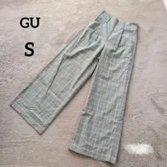 【ジーユー】ワイドパンツ (S) グレー系 グレンチェック ウエストゴム 薄手