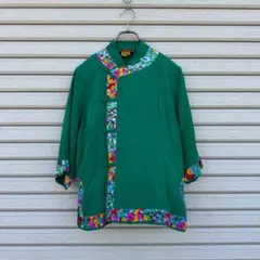 シルク100% 錦繍 総刺繍 チャイナシャツ ブラウス グリーン