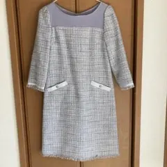 新品グレー系ツイード長袖ひざ丈ワンピース